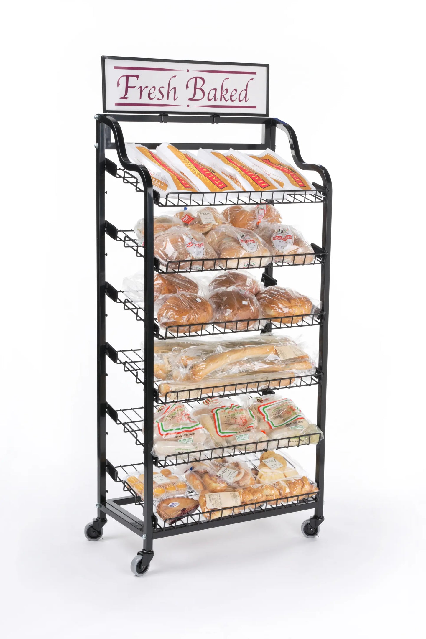 SHELF - Bakery Display Shelf — 5-Tier Fresh Bread & Pastry Merchandising Shelf on Wheels