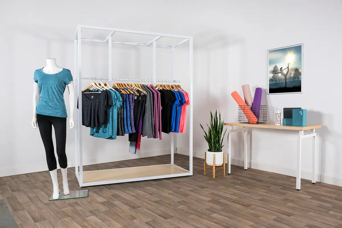 RACK - Freestanding Retail Clothing Rack — Double Hanging Rail Display with Base Shelf