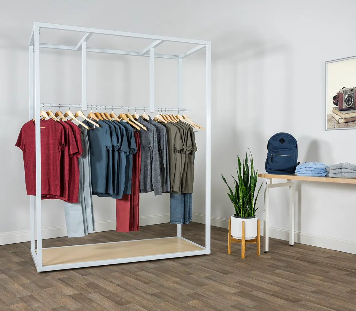 RACK - Freestanding Retail Clothing Rack — Double Hanging Rail Display with Base Shelf