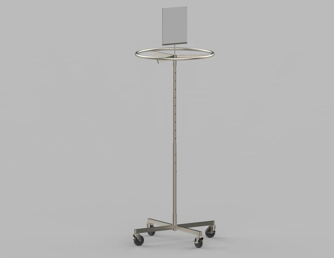 Round Adjustable Garment Rack with Sign Holder — Heavy-Duty Rolling Display Stand