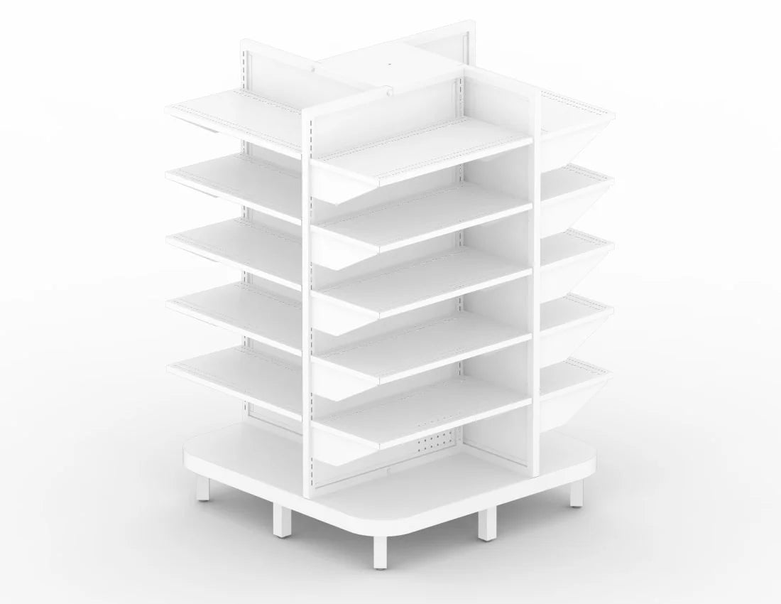4-Way Gondola Display Rack — Heavy-Duty Metal Retail Shelving Unit