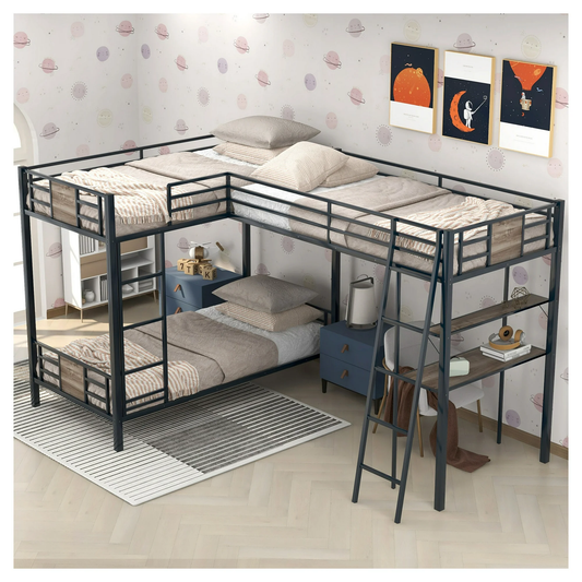 MASON - L-Shaped Twin Bunk Bed w/Twin Loft Bed, Desk & Shelf